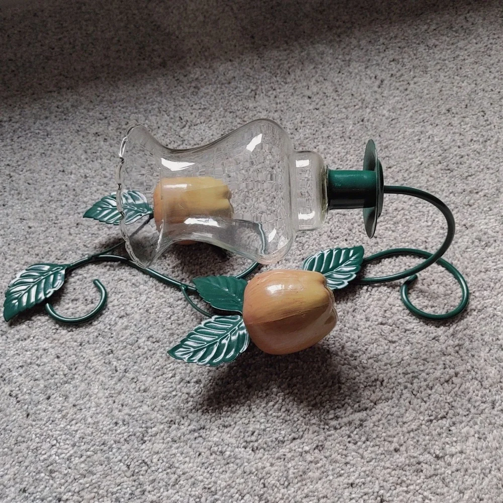 90s Homeco Metal Apple Vine Wall Sconce Pair Green Leaf Fruit Candle Holder Set